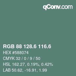 カラーコード: RGB 88 128.6 116.6 | qconv.com