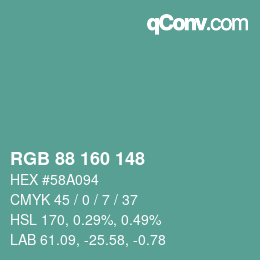カラーコード: RGB 88 160 148 | qconv.com