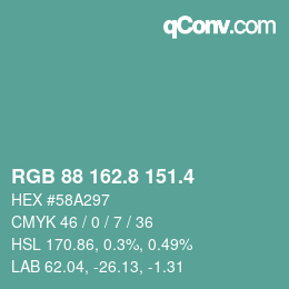 カラーコード: RGB 88 162.8 151.4 | qconv.com