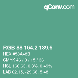カラーコード: RGB 88 164.2 139.6 | qconv.com