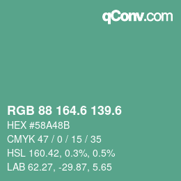 カラーコード: RGB 88 164.6 139.6 | qconv.com