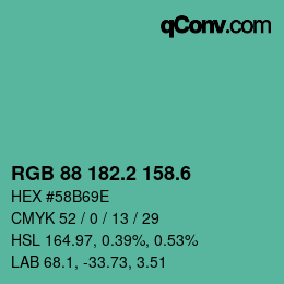 カラーコード: RGB 88 182.2 158.6 | qconv.com