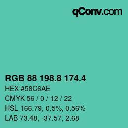 カラーコード: RGB 88 198.8 174.4 | qconv.com