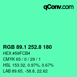 カラーコード: RGB 89.1 252.8 180 | qconv.com