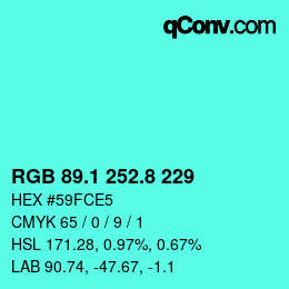 カラーコード: RGB 89.1 252.8 229 | qconv.com