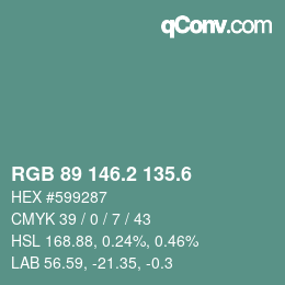 カラーコード: RGB 89 146.2 135.6 | qconv.com