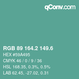 カラーコード: RGB 89 164.2 149.6 | qconv.com