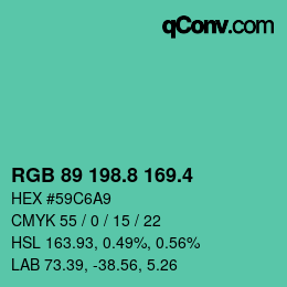 カラーコード: RGB 89 198.8 169.4 | qconv.com