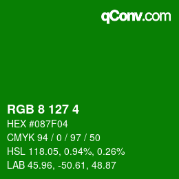 カラーコード: RGB 8 127 4 | qconv.com