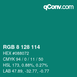 カラーコード: RGB 8 128 114 | qconv.com