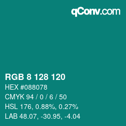 カラーコード: RGB 8 128 120 | qconv.com