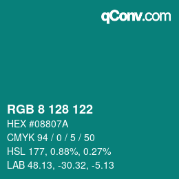 Color code: RGB 8 128 122 | qconv.com