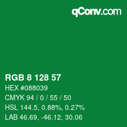 カラーコード: RGB 8 128 57 | qconv.com
