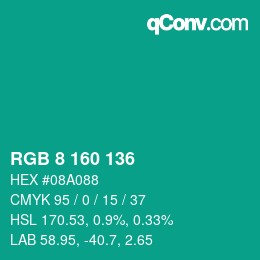 Color code: RGB 8 160 136 | qconv.com