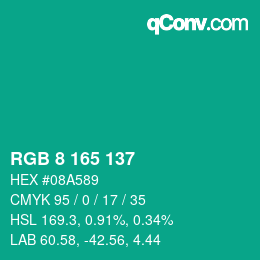 Color code: RGB 8 165 137 | qconv.com