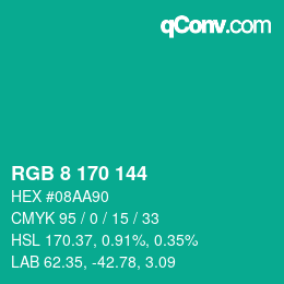 Color code: RGB 8 170 144 | qconv.com