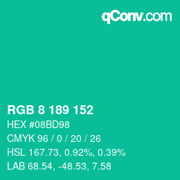 カラーコード: RGB 8 189 152 | qconv.com