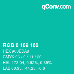 Color code: RGB 8 189 168 | qconv.com