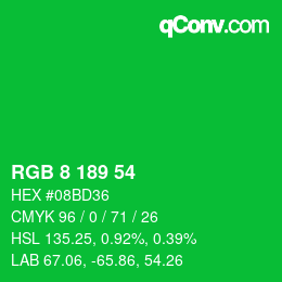 カラーコード: RGB 8 189 54 | qconv.com
