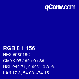 カラーコード: RGB 8 1 156 | qconv.com