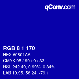 Color code: RGB 8 1 170 | qconv.com