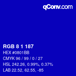 カラーコード: RGB 8 1 187 | qconv.com