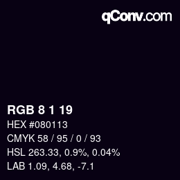 カラーコード: RGB 8 1 19 | qconv.com