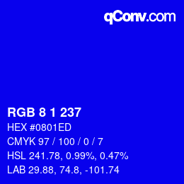 カラーコード: RGB 8 1 237 | qconv.com
