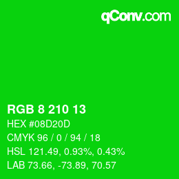 カラーコード: RGB 8 210 13 | qconv.com