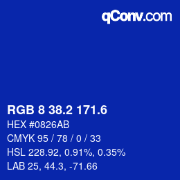 カラーコード: RGB 8 38.2 171.6 | qconv.com