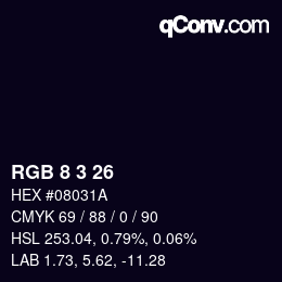 カラーコード: RGB 8 3 26 | qconv.com