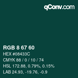 Color code: RGB 8 67 60 | qconv.com