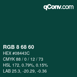 颜色代码: RGB 8 68 60 | qconv.com