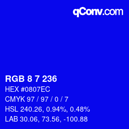 Color code: RGB 8 7 236 | qconv.com