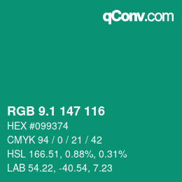 カラーコード: RGB 9.1 147 116 | qconv.com