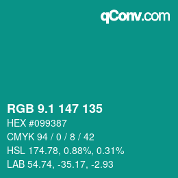 カラーコード: RGB 9.1 147 135 | qconv.com