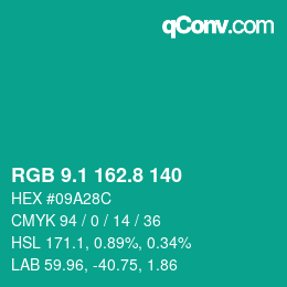 カラーコード: RGB 9.1 162.8 140 | qconv.com