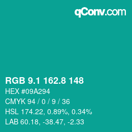 カラーコード: RGB 9.1 162.8 148 | qconv.com