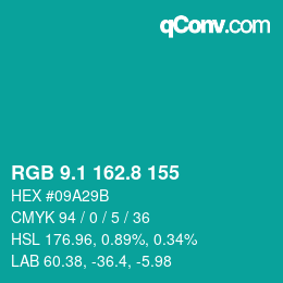 カラーコード: RGB 9.1 162.8 155 | qconv.com
