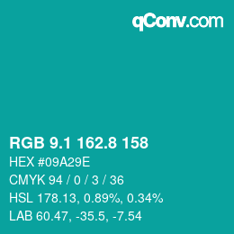 カラーコード: RGB 9.1 162.8 158 | qconv.com