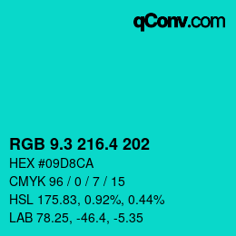 カラーコード: RGB 9.3 216.4 202 | qconv.com