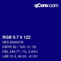 カラーコード: RGB 9.7 0 122 | qconv.com