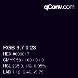 カラーコード: RGB 9.7 0 23 | qconv.com