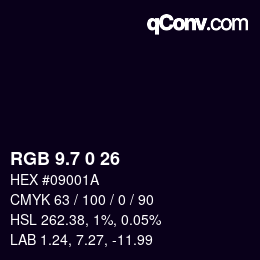 カラーコード: RGB 9.7 0 26 | qconv.com