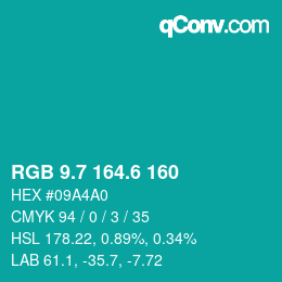 カラーコード: RGB 9.7 164.6 160 | qconv.com