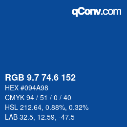 カラーコード: RGB 9.7 74.6 152 | qconv.com
