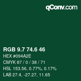 カラーコード: RGB 9.7 74.6 46 | qconv.com