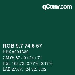 カラーコード: RGB 9.7 74.6 57 | qconv.com