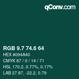 カラーコード: RGB 9.7 74.6 64 | qconv.com