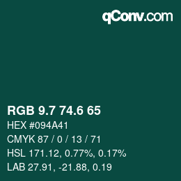 カラーコード: RGB 9.7 74.6 65 | qconv.com